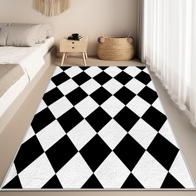 Checkered Rug, Black White Rug, Washable Rugs 6x8, Geometric Rhombus Plaid Area Rugs, Grid Gingham Carpet for Living Room Non Slip Home Decor