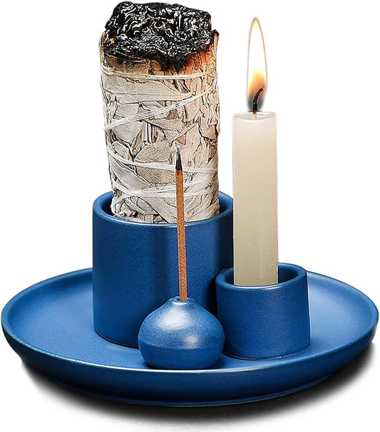 4 in 1 Multifunctional Ceramic Incense and Candle Holder with Ash Catcher Tray Suit for Burning White Sage, Palo Santo Sticks (Royal Blue)