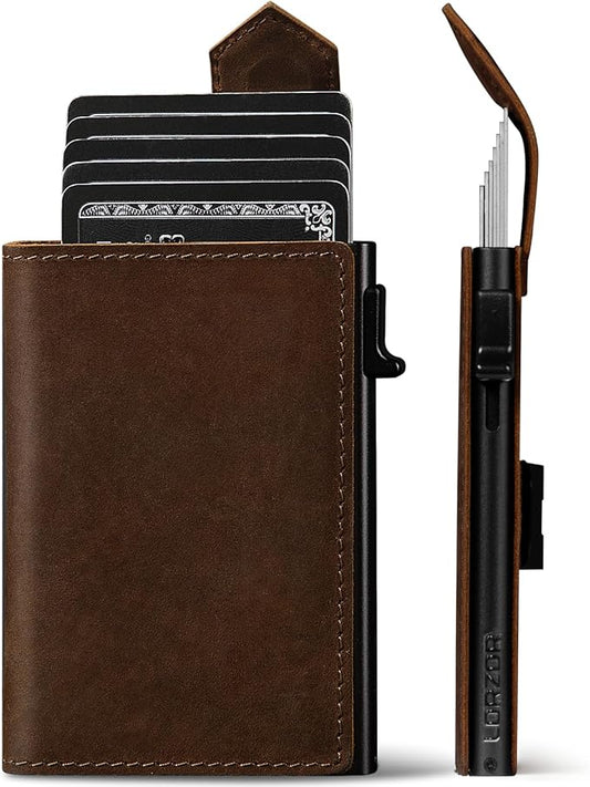 LORZOR Slim Wallet for Men with Security Latch, Pop Up Metal Card Holder Wallet, Finest Full Grain Leather Bifold Wallets, Smart, Minimalist, RFID Blocking, Front Pocket, ID Window