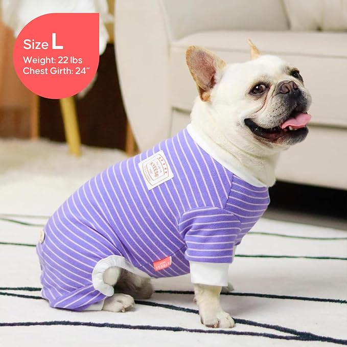 KYEESE Dog Pajamas Stretchable 4 Legs Doggie Jammies Striped Dog PJS Jumpsuit Lightweight Onesie Puppy Pajamas Soft Breathable Cozy Pet Outfit PJS Comfortable Sleepwear,Purple Striped, X-Small