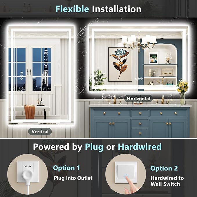 55x30 LED Bathroom Mirror with Lights, Backlit + Front Lit, Anti-Fog Lighted Vanity Mirror for Bathroom Wall with 3 Colors, Stepless Dimmable, Memory, Shatter-Proof, Tempered Glass, ETL Listed
