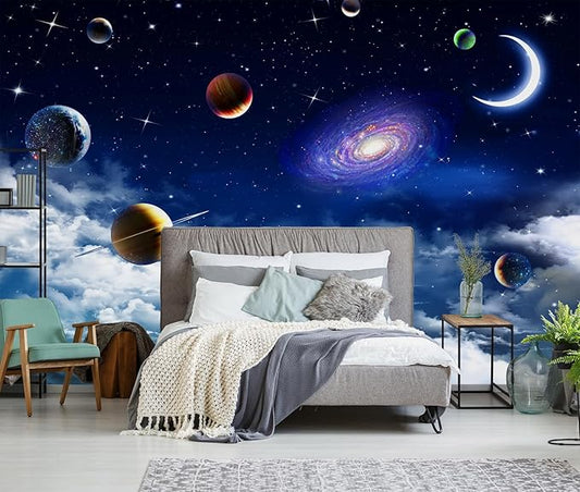 Galaxy Planet Wallpaper Blue Sky Stars Moon Ceiling Wall Mural for Living Room Bedroom（Not Peel and Stick）