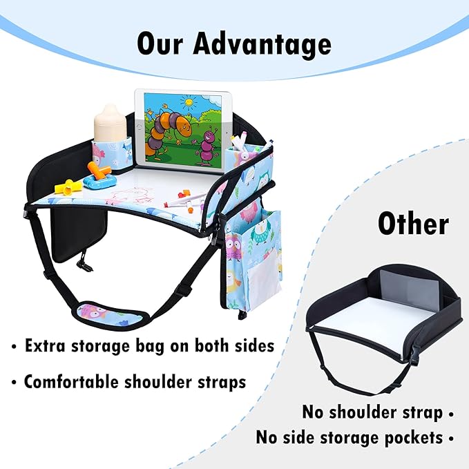 WENRENER Kids Travel Tray, Car Seat Tray for kids Travel, Toddler Road Trip Essentials With Drawing Kit, Toddler Lap Desk Organizer for Car, Carseat Table for Airplane