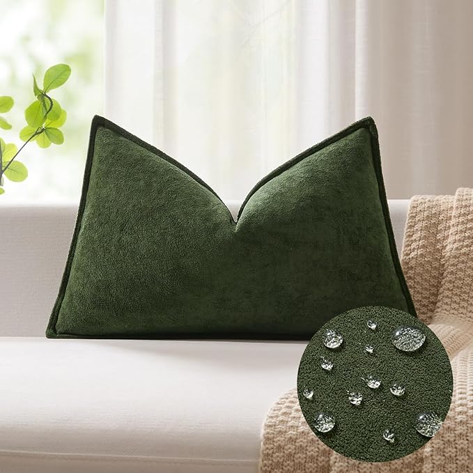 Kevin Textile 14x22 Inch Lumbar Pillow Cover 1 Pack Soft Boucle Textured Decorative Waterproof Rectangle Cushion Elegant Accent Pillow for Couch Sofa Chair Bed Home Decor Indoor Outdoor Moss Green