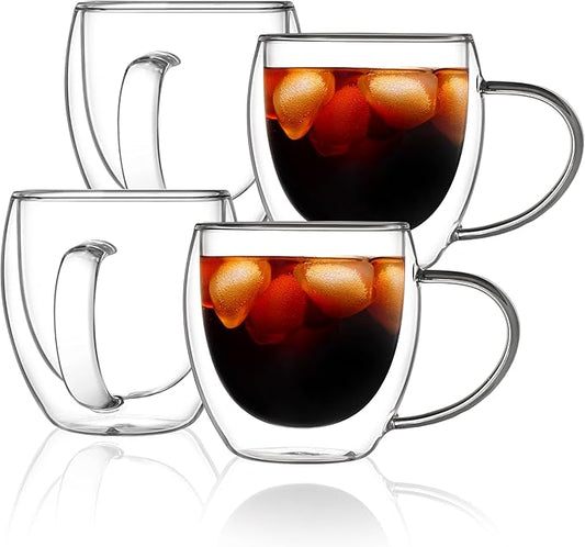 CNGLASS 12oz(4-pack) Double Walled Glass Coffee Mugs,Insulated Glass Mugs with Handle,Clear Espresso Cups for Latte,Cappuccino,Tea Bag