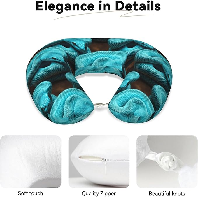 Travel Neck Pillows for Sleeping Rest Car Airplanes Mint Green Snake Print, Memory Foam with Removable Breathable Zipper Cover Washable for Men Women