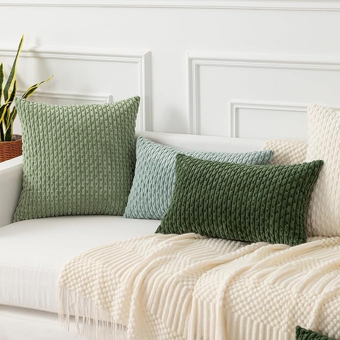 Kevin Textile Throw Pillow Covers Soft Corduroy Decorative Set of 2 Boho Striped Pillow Covers Pillowcases Farmhouse Home Decor for Couch Bed Sofa Living Room 18x18 Inch Moss Green