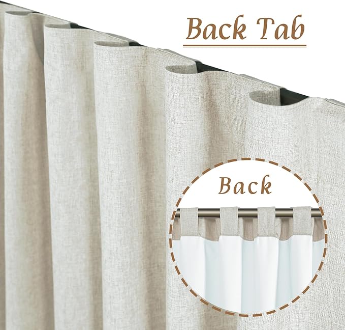 LAMIT Natural 100% Blackout Linen Curtains, 54 Inches Linen Textured Thermal Bedroom Curtains Back Tab and Rod Pocket Neutral Panels with White Liner for Farmhouse, 2 Panels, 42 x 54 Inch, Stone