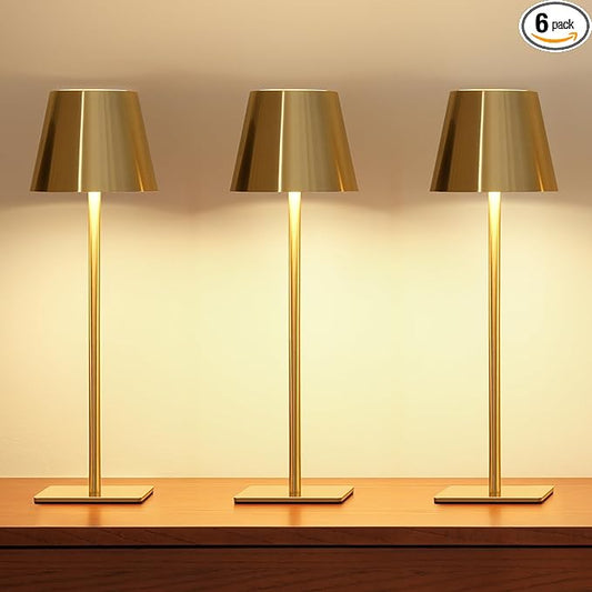 UME 6 Pack Cordless Table Lamp, Battery Operated Lamp - Portable Waterproof Rechargeable Table Lamp w/ 3 Color Temps & Stepless Dimming for Dinner, Desk, Cafe, Outdoor (Brushed Gold)