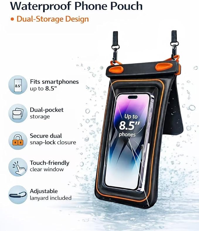 2 Pack Floating Phone Pouch with Dual Compartments, IPX8 Rated Waterproof Case for Rain, Beach, Boating & Kayaking, Clear Touch Screen, Fits Phones Up to 8.5”(Black-Black)