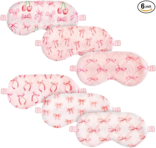 Cuffbow 6 Pcs Plush Sleep Eye Mask Silk Furry Eye Covers for Sleeping Cute Sleep Mask Fluffy Comfortable Sleeping Blindfold for Travel Sleepover Nap Party Supply Women(Bow,Pink)