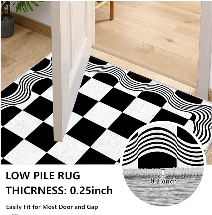 Checkered Area Rug, Checkerboard Rug, Geometric Plaid Washable Rugs, Modern Checkered Area Rugs 4x5, Wavy Line Carpet Non Slip for Bedroom Retro Home Decor