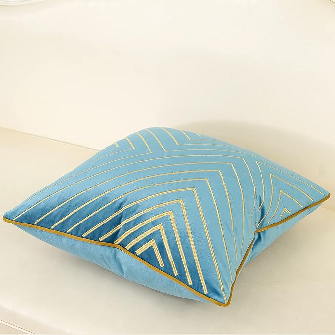 Avigers 18 x 18 Inch Grey Blue Gold Striped Geometric Lines Embroidery Velvet Cushion Case Luxury Modern Throw Pillow Cover Decorative Pillow for Couch Living Room Bedroom Car 45 x 45cm