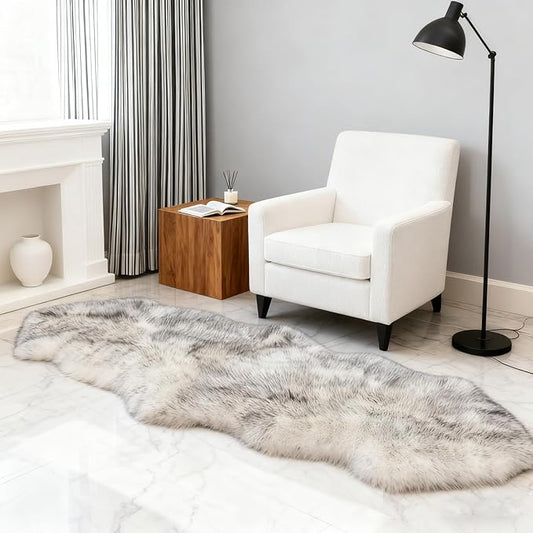 Faux Fur Sheepskin Area Rug for Living Room Bedroom, White with Grey Tips, 2 x 6 Feet Ultra Soft Shaggy Fuzzy Furry Carpet Chair Throw Runner Rugs for Kids, Girls, Nursery Room Decor Dorms
