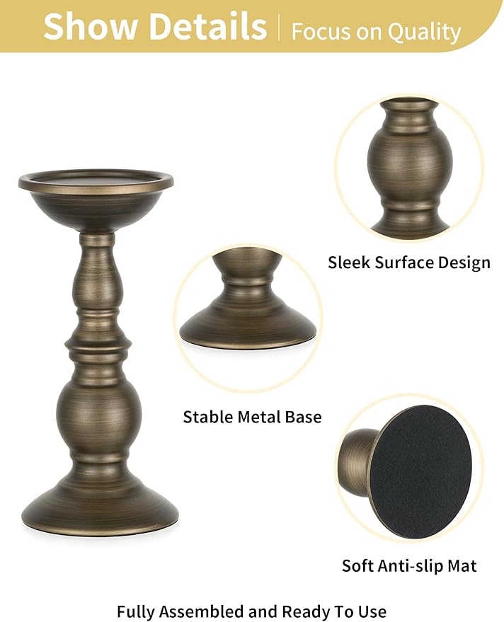 Bronze 2 Pcs Iron Pillar Candle Holders, Most Ideal for 3" Pillar Candles, Gifts for Wedding, Party, Home, Spa, Reiki, Votive Candle (2 x L)