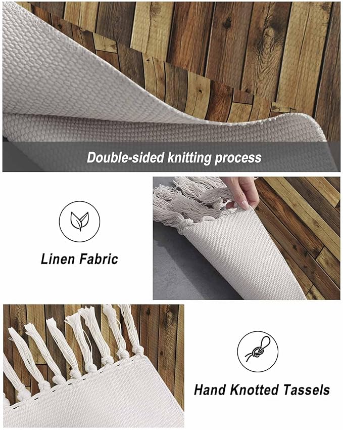 Brown Runner Rug 3X5 Ft Bedroom Area Rug, Washable Woven Vintage Country Wooden Grain Throw Carpet with Tassel, Non-Shedding Farmhouse Cabin Retro Plank Stitching Art Dining Room Living Room Carpets