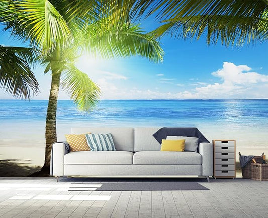 Coastal Wallpaper Tropical Palm Tree Beach Landscape Wall Mural for Living Room Bedroom（Not Peel and Stick）