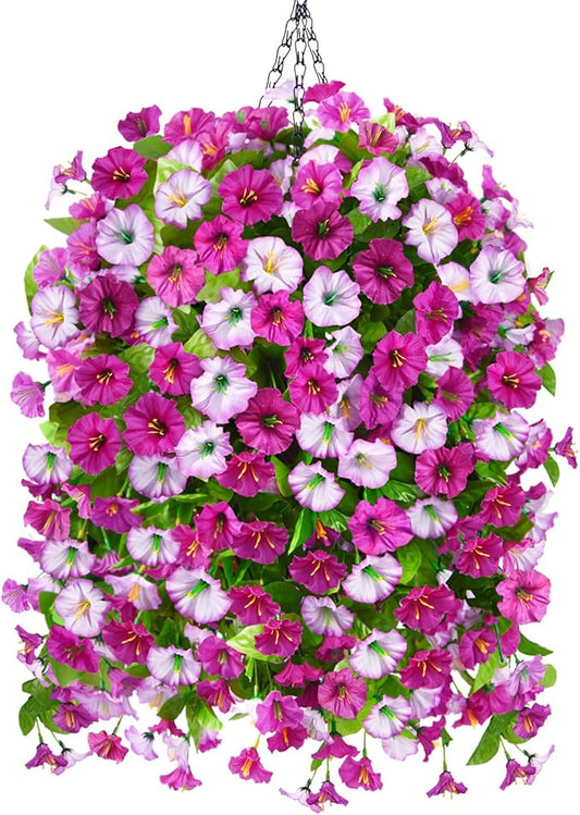 Artificial Faux Hanging Flowers Plants Baskets for Outdoor Spring Summer Decorations,Resistant Fake Morning Glory Silk Plants for Outside UV Resistant Patio Yard Home Porch Decor(Light purple)