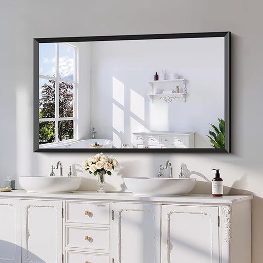 Black Bathroom Mirror 30 x 50 Inch Rectangle Wave Beveled Frame for Wall Bathroom Vanity Mirror for Over Sink, Tempered Glass,for Entryway Hangs, Bathroom Living Room Horizontal or Vertical