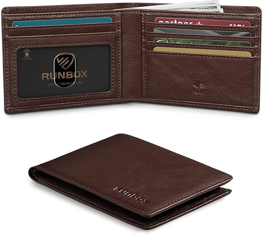 RUNBOX Wallet for Men Slim Leather Bifold RFID Blocking Minimalist Front Pocket Design with Gift Box