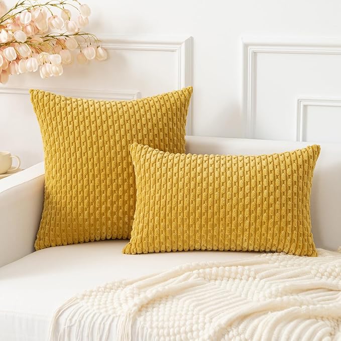 Kevin Textile Throw Pillow Covers Soft Corduroy Decorative Set of 2 Boho Striped Pillow Covers Pillowcases Farmhouse Home Decor for Couch Bed Sofa Living Room 26x26 Inch Mustard Yellow