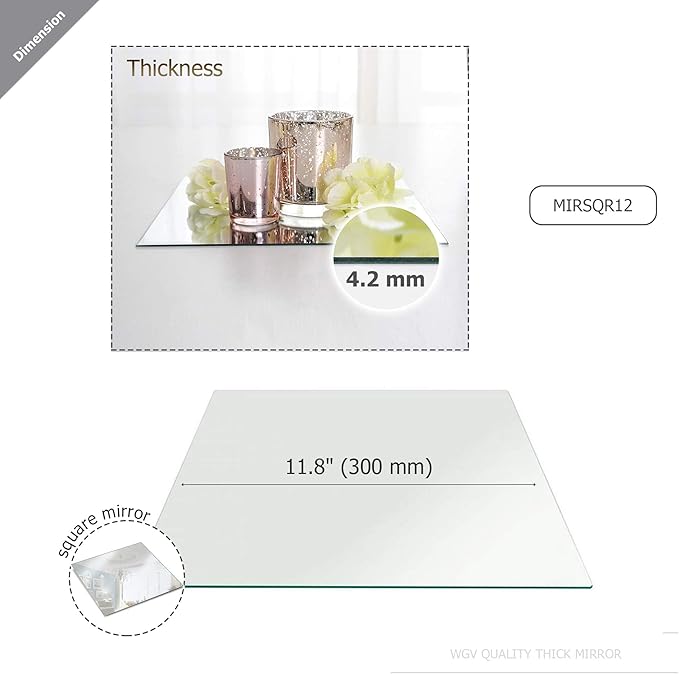 WGVI WGV Large Square Mirror Plate 12" Width, 4.2 mm Thickness, Frameless Sanded Edges, Quality Thick Candle Tray, Home Event Party Wedding Table Centerpiece Wall Decor, 1 Piece