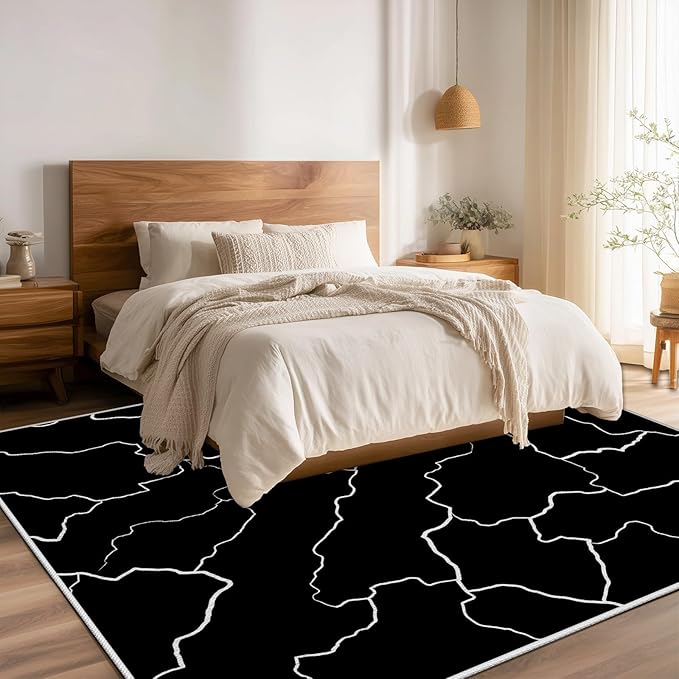 Abstract Rugs for Living Room - Modern Washable Area Rug, 4x6 Abstract Black and White Rug, Minimalist Rugs,Carpet Non Slip Home Decor