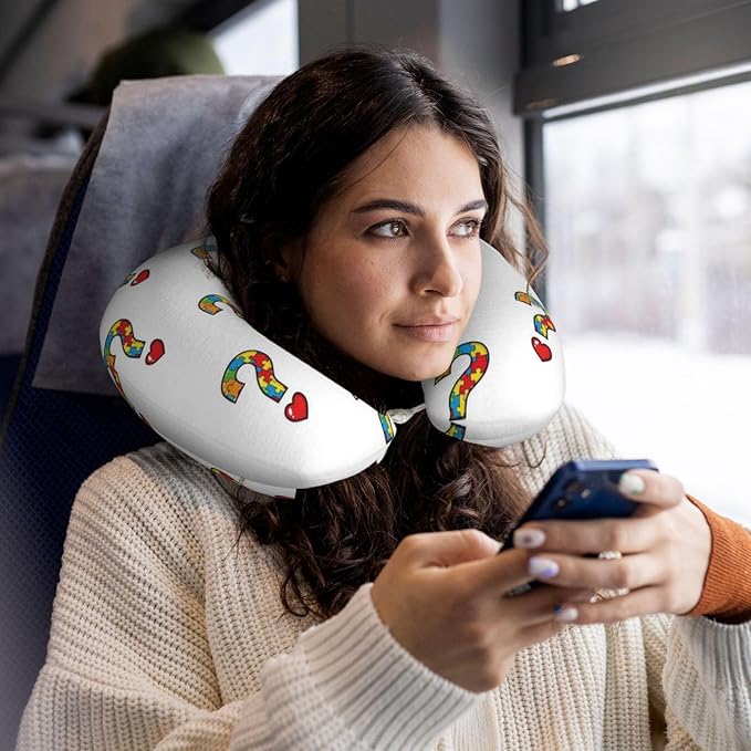 Unique Travel U Shaped Pillows Heart Autism Awareness Ribbon for Airplanes Car Flight, Comfortable Chin Head Neck Cushion Supporting, Polyester Removable Cover