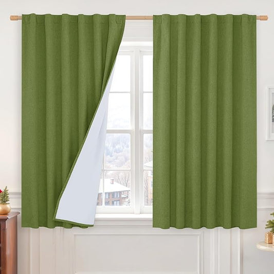 LAMIT Full Blackout Linen Curtains for Small Window, 54 Inches Thermal Bedroom Drapes Back Tab and Rod Pocket Privacy Protected Panels with White Liner, 2 Panels, 52 x 54 Inch, Olive Green