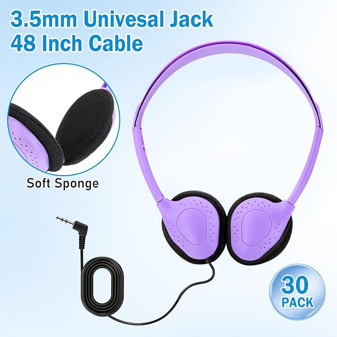 30 Pack Classroom Headphones for Kids, Multi Color Bulk Headphones for Classroom Wired Over The Ear Headphones Adjustable with 3.5 mm Jack for School Library Student Children