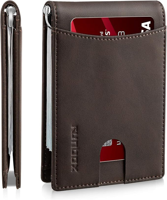 RUNBOX Slim Wallet for Men Genuine Leather RFID Blocking Bifold Minimalist Front Pocket Mens Wallet with Money Clip Thin Gift Box