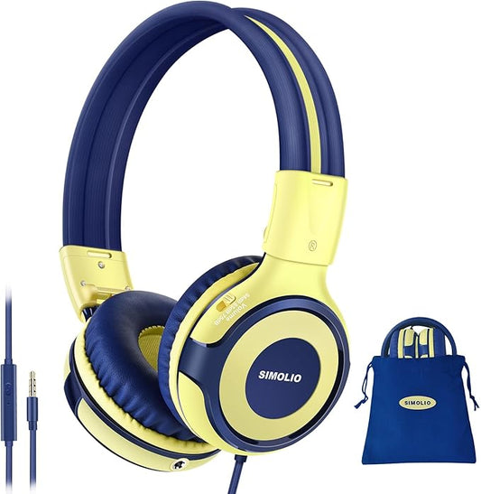 SIMOLIO Kids Headphones with Microphone, 75dB-85dB-94dB Volume Limited Children Headphone with Share Port, On-Ear Wired Headset for PC, Tablet, Airplane Travel(Yellow)