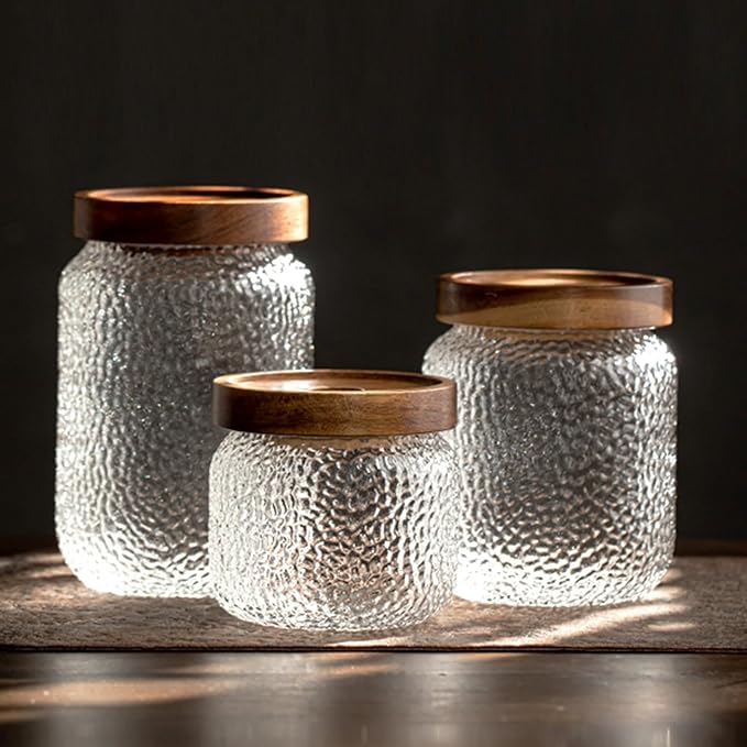 Viovian 10 OZ Glass Jar with Lid Food Vintage Decorative Glass Storage Jars Coffee Nuts Canister Anti-Slip Kitchen Container for Sugar Candy Cookie Spice Tea 300ML