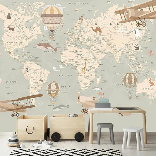 AFZEVEB-Vintage Animal Wallpaper Cartoon Aircraft Map Wall murals for Kids Room 136"x96"(Not Peel and Stick)