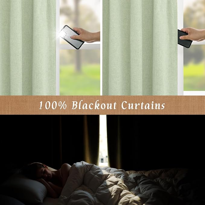LAMIT 100% Blackout Natural Linen Curtains, 68 Inches Linen Textured Thermal Bedroom Curtains Back Tab and Rod Pocket Neutral Panels with White Liner for Farmhouse, 2 Panels, 52 x 68 Inch, Light Green