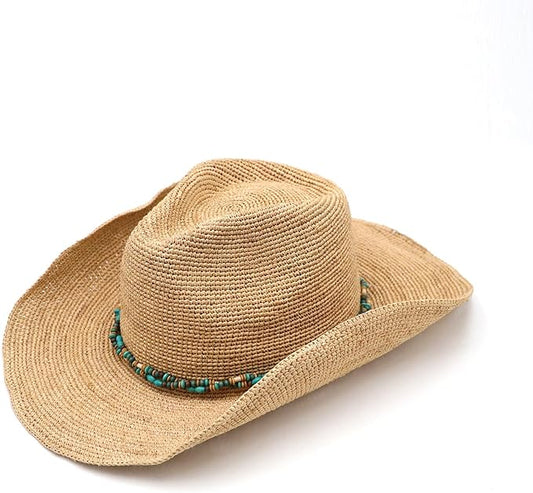Raffia Straw Cowboy Hat,Women's Crocheted Summer Straw Hats, Classic Beach Sun Hats