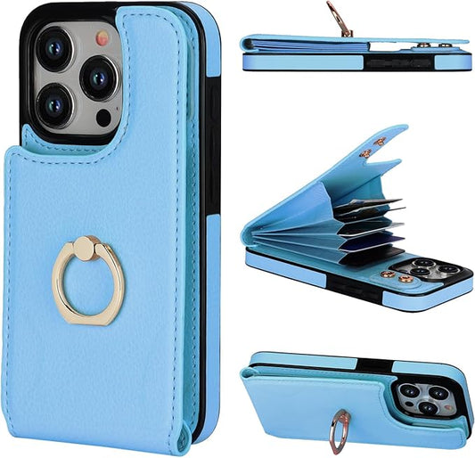 Folosu Compatible with iPhone 15 Pro Case Wallet with Card Holder, 360°Rotation Finger Ring Holder Kickstand, RFID Blocking Leather Protective Double Buttons Shockproof Cover 6.1 Inch Blue