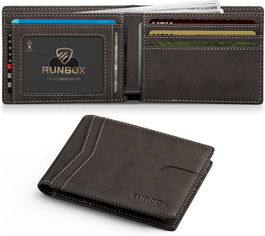 RUNBOX Wallet for Men Slim Leather Bifold RFID Blocking Minimalist Front Pocket Design with Gift Box