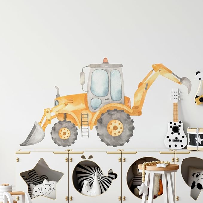 Construction Tractor Backhoe Loader Wall Decal for Boys Room, Construction Eqipment Peel Stick Removable Fabric Wall Sticker, Nursery or Playroom Decor, Repositionable (18 inch: 10" Tall x 18" Wide)