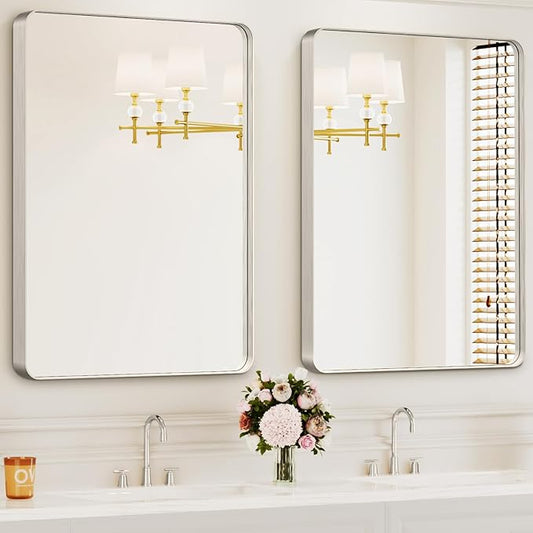 Bathroom Mirrors for Over Sink,2Pcs 24x36Inch Vanity Mirrors for Wall,Silver Metal Frame Rectangle Mirrors for Bathroom, Farmhouse,Restroom,Hangs Horizontally or Vertically