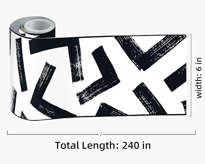 FLFK Black and White Design Wallpaper Border - Peel and Stick Wall Paper, Self Adhesive Removable PVC Borders Sticker, Modern Waterproof Trim for Home Decor, 6" x 240"