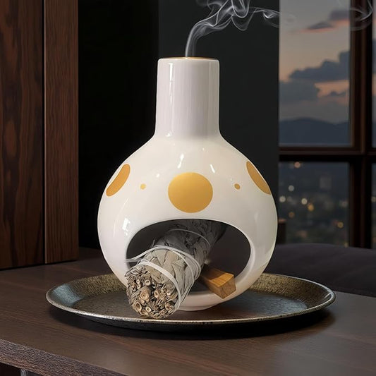 Handmade Ceramic Palo Santo Holder Burner & Sage Holder - Mini Tabletop Chiminea Burner Tray with Ash Catcher, Decorative Incense Holder for Spiritual Meditation & Yoga