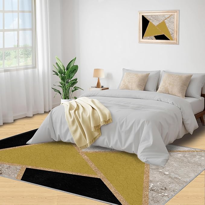 Geometric Marble Area Rugs for Living Room Black Gold Marble Rug Triangular Geometric Carpet Modern Minimalist Door Mat for Bedroom Hardwood Floors 4x6ft