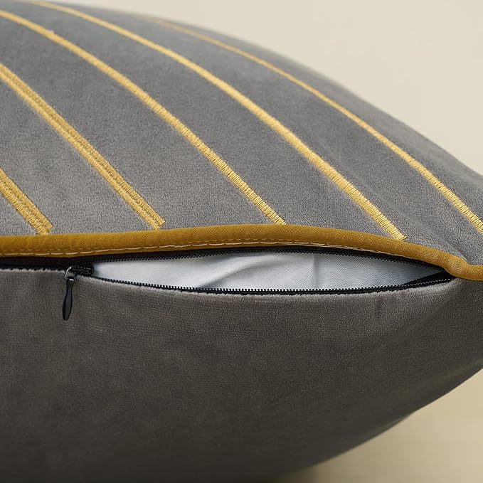 Avigers 12 x 20 Inch Grey Gold Striped Geometric Lines Embroidery Velvet Cushion Case Luxury Modern Lumbar Throw Pillow Cover Decorative Pillow for Couch Living Room Bedroom Car 30 x 50cm