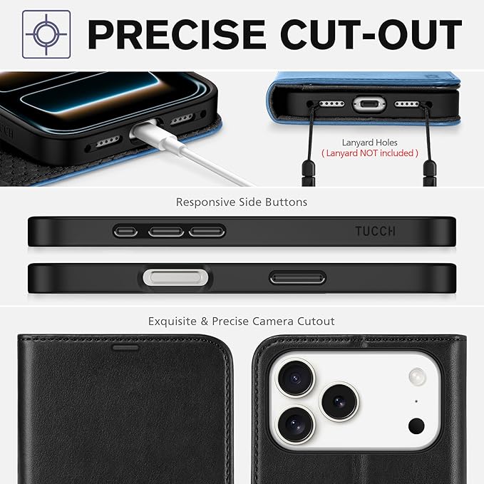 TUCCH Wallet Case for iPhone 17 Pro Max (6.9") 2025, RFID Blocking 4 Card Slots | Kickstand | Magnetic Closure | PU Leather | Shockproof TPU Shell | Protective Cover | Black & Light Blue