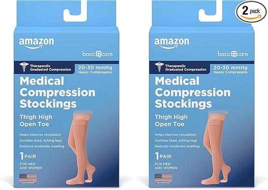 Amazon Basic Care Medical Compression Stockings, 20-30 mmHg Support, Women & Men Thigh Length Hose, Open Toe, Beige, X-Large (Previously NuVein) (Pack of 2)