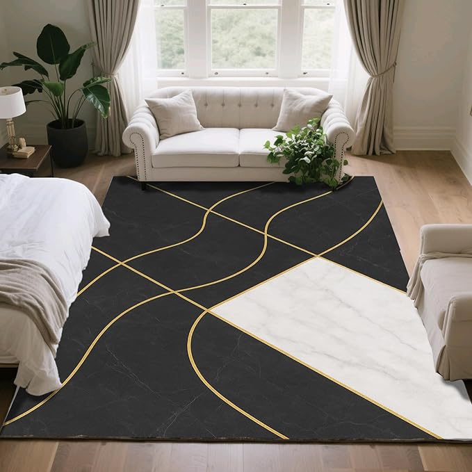 Geometric Marble Rug - 5x8 Area Rug, Abstract Lines Rugs, Luxury Marble Outdoor Rugs, Washable & Non Slip Carpet Home Decor