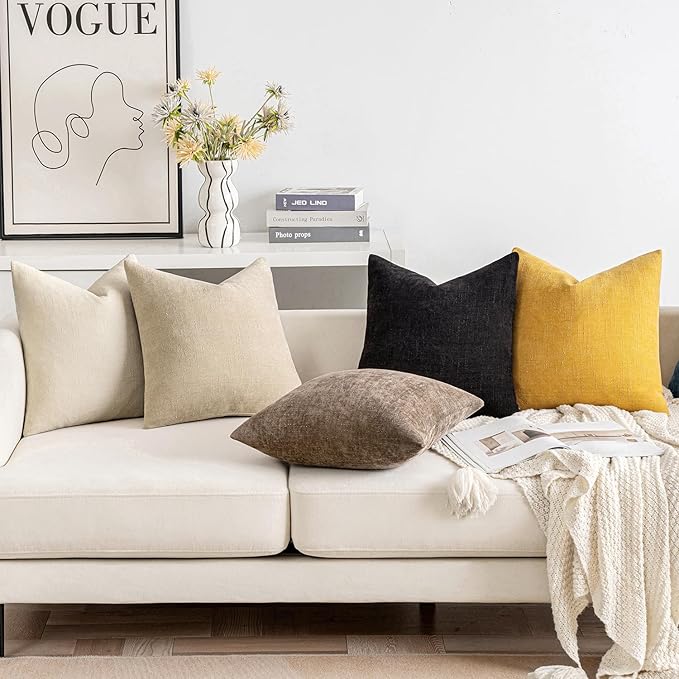 MIULEE Pack of 2 Decorative Throw Pillow Covers Soft Chenille Throw Pillows Solid Textured Euro Cushion Covers for Couch Sofa Bedroom Living Room 24x24 Inch, Black