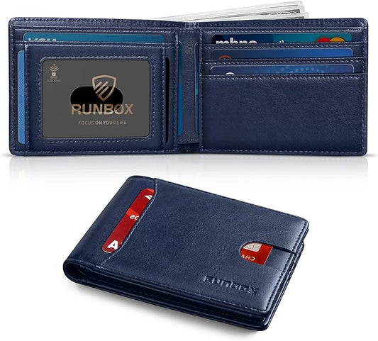 RUNBOX Wallet for Men Slim 11 Credit Card Holder Slots Leather RFID Blocking Small Thin Men's Wallet Bifold Minimalist Front Pocket Large Capacity Gift Box