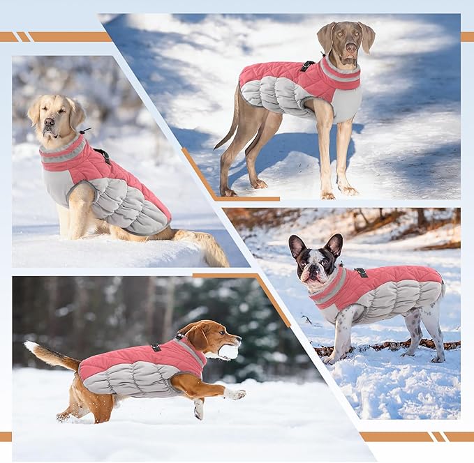 OUOBOB Winter Dog Coat,Large Dog Jacket,Waterproof Pet Jacket with Back Zipper,Pet Coat with Harness Built in,Warm Dogs Coat with Fleece Lined,Snow Jacket Clothes French Bulldog Shiba Inu,Pink,L